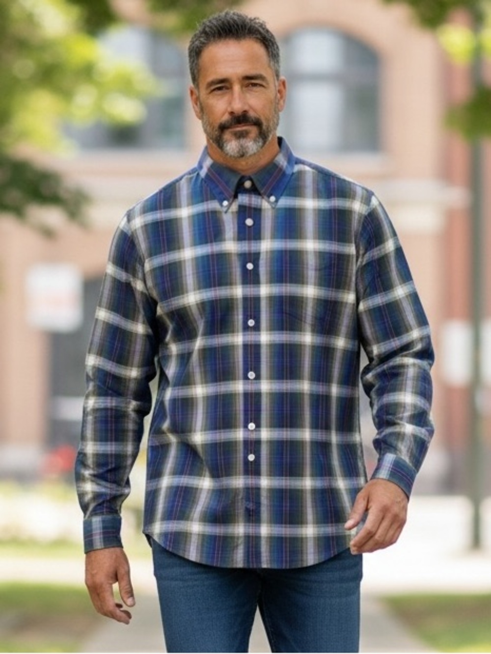 HAGGAR Men’s XL Blue Plaid Cotton Dress Shirt